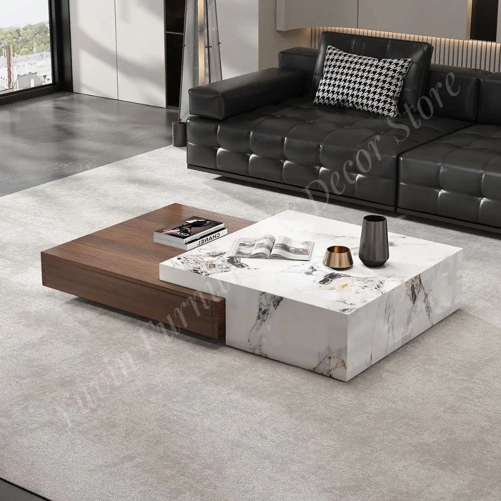 Italian Rock Plate Coffee Table Living Room Designer Square Minimalist Home High-end Light Luxury Modern Wood Frame Stone Slab