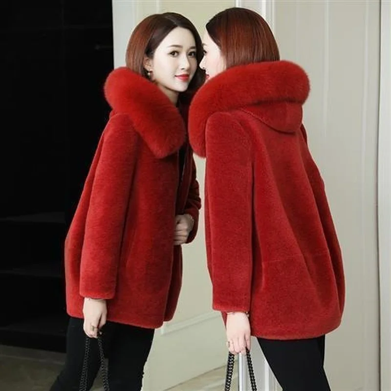 Mantel bulu bertudung kerah mantel musim dingin wanita jaket bulu domba jaket kasual pakaian luar wol gaya Korea Jaqueta Feminina X861