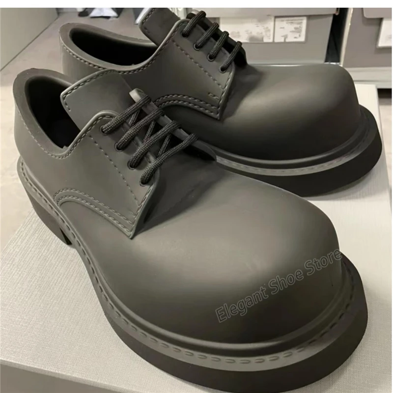 

Black Round Toe Derby Shoes for Women British Style Big Head Thick Sole Lace-up Leather Shoes Outdoor Casual Couple Shoes