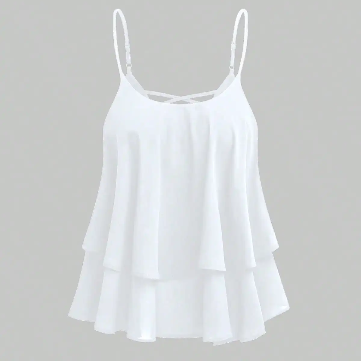 Ärmelloses Chiffon-Camisole-Top für Damen – Doppellagiger Rüschensaum, elegante weiße Sommerbluse für Freizeit- und Partykleidung – Detail 5