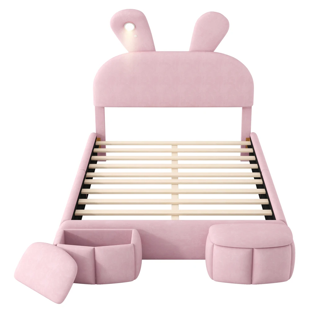 

Full Size Upholstered Platform Bed with Cartoon Ears Shaped Headboard and Light, Pink