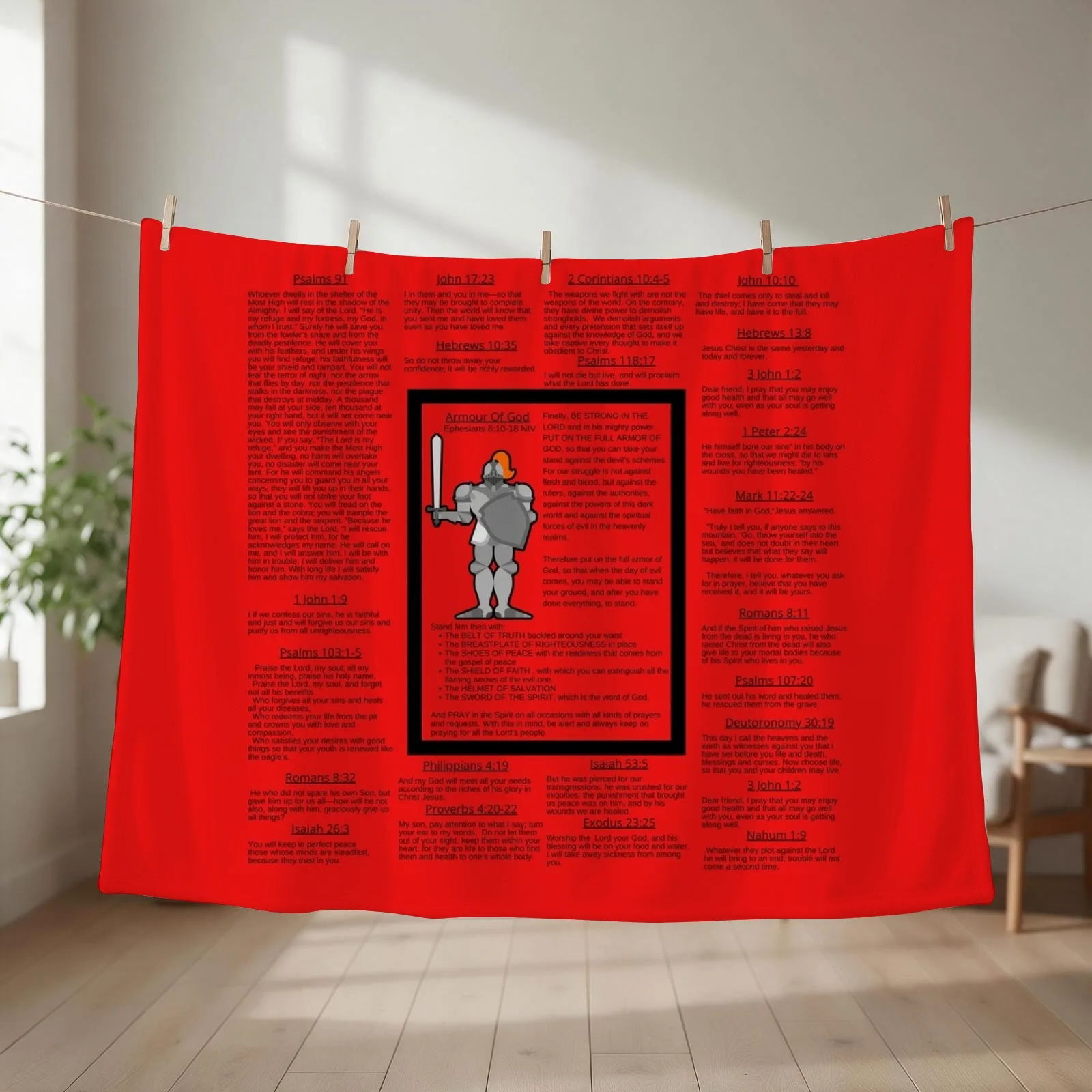 Armour Of God Prayer Blanket (NIV)- Red Throw Blanket couch cozy soft plush fuzzy picnic outdoor blanket