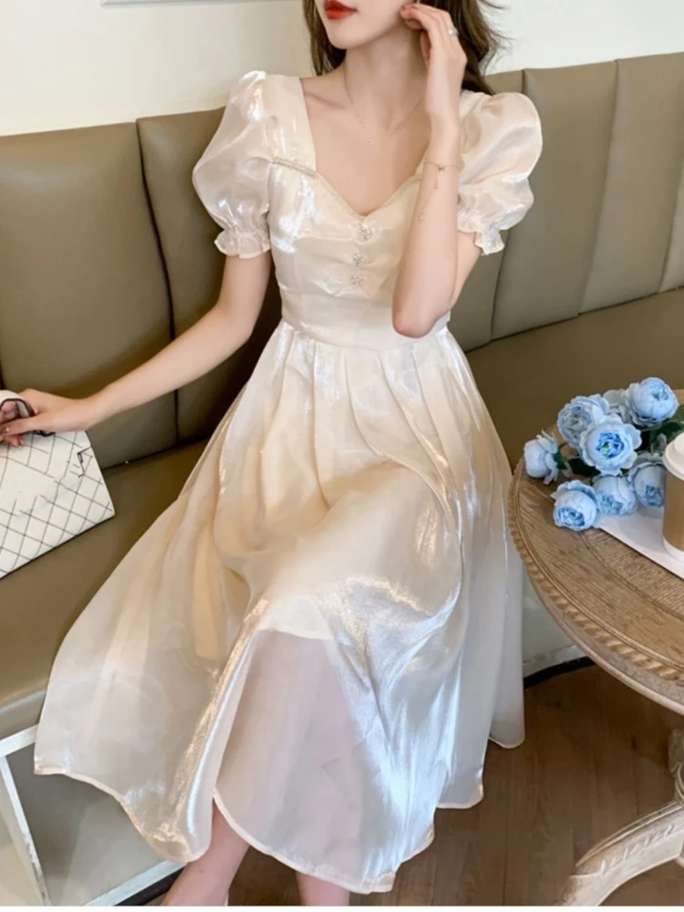 

French Vintage Midi Dresses for Women V-neck Puff Sleeves Princess Party Dress Elegant Summer New Prom Robe Vestidos Mujer 2024