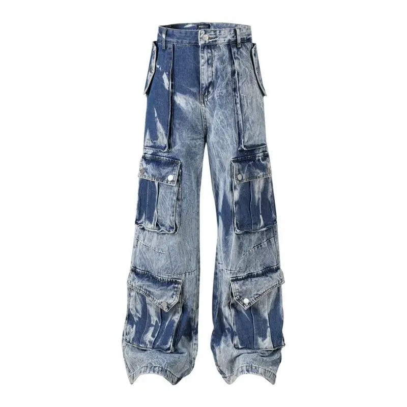 Men's Fashion Hip Hop Cargo Jeans Pants With Multi Pockets High Streetwear Bell Bottom Denim Trousers Loose Fit Y2K Bottoms