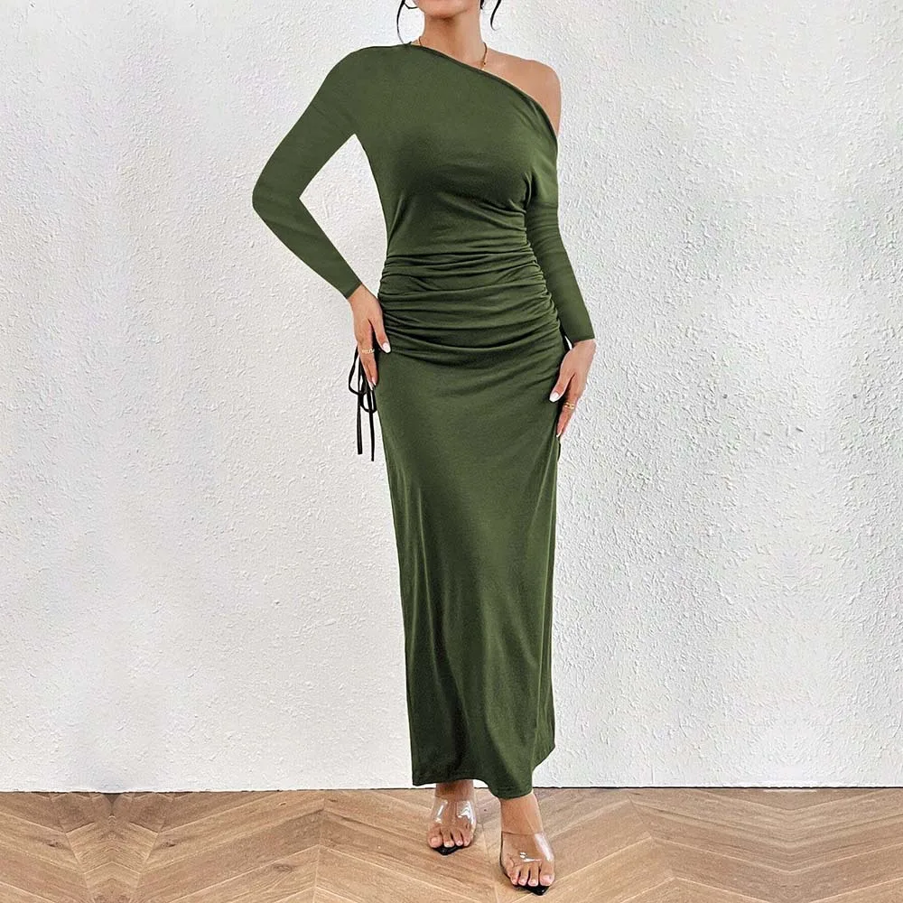 

Women's Slanted Neck Sexy Style Dress with Unique Autumn and Winter Design and High Waist Long Skirt