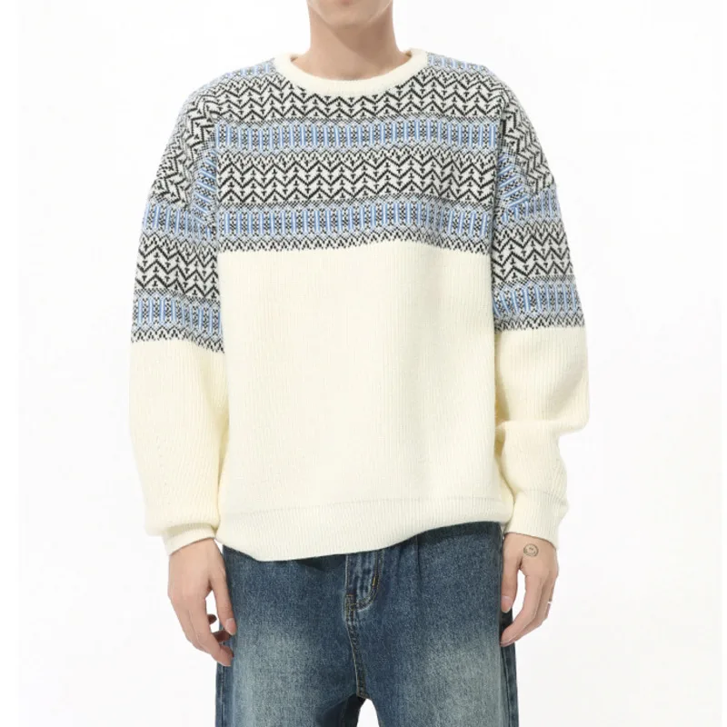 Men's 2024 Autumn Collection New Korean Color Contrast Splicing Retro Round Neck Gentle Temperament Knitted Loose Sweater Hoodie