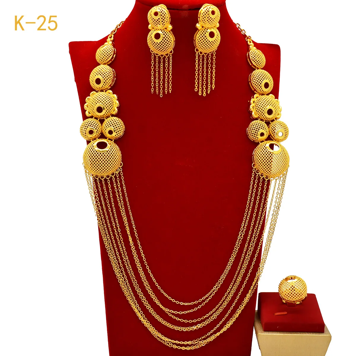 

AU999 Flower Tassel Hollow Jewelry Set Necklace Earrings Ring Women's 24K Gold - Anti-deform gold, romantic flower design