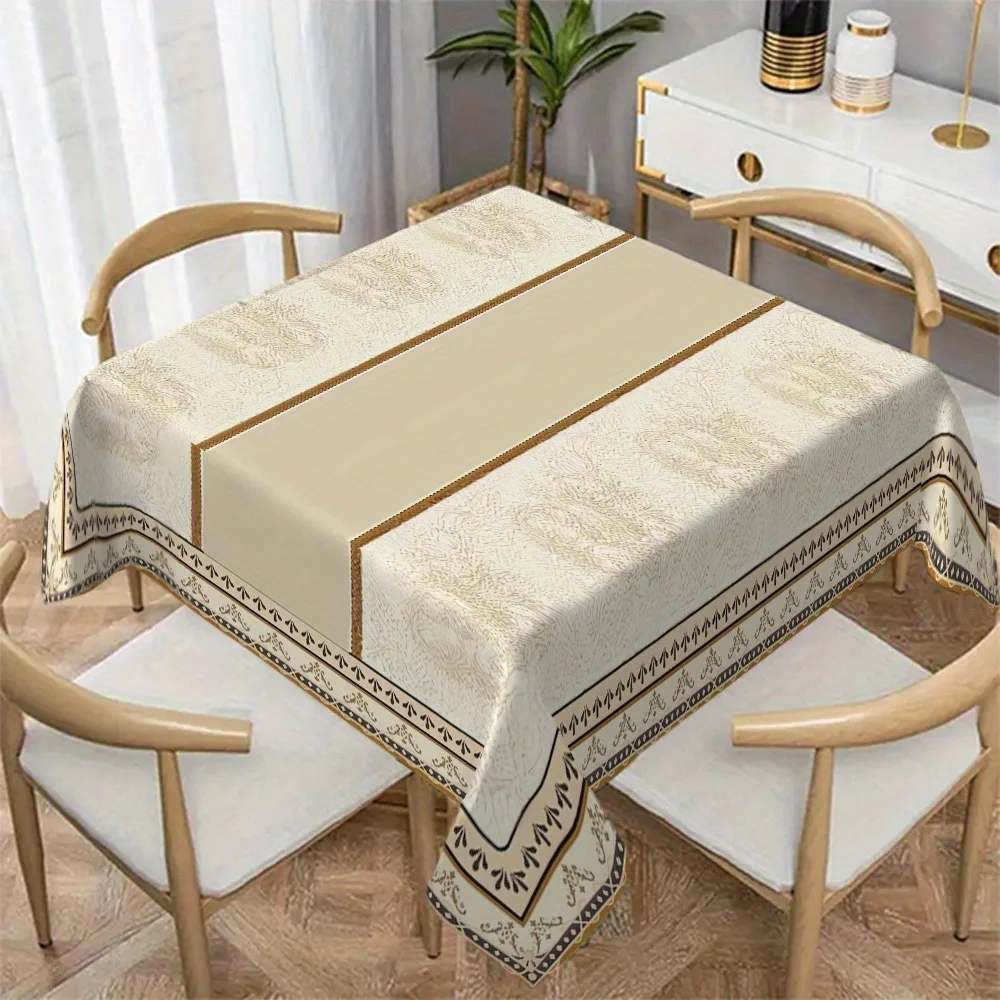 An elegant vintage floral border tablecloth, rectangular polyester table cover, with golden geometric stripes.
