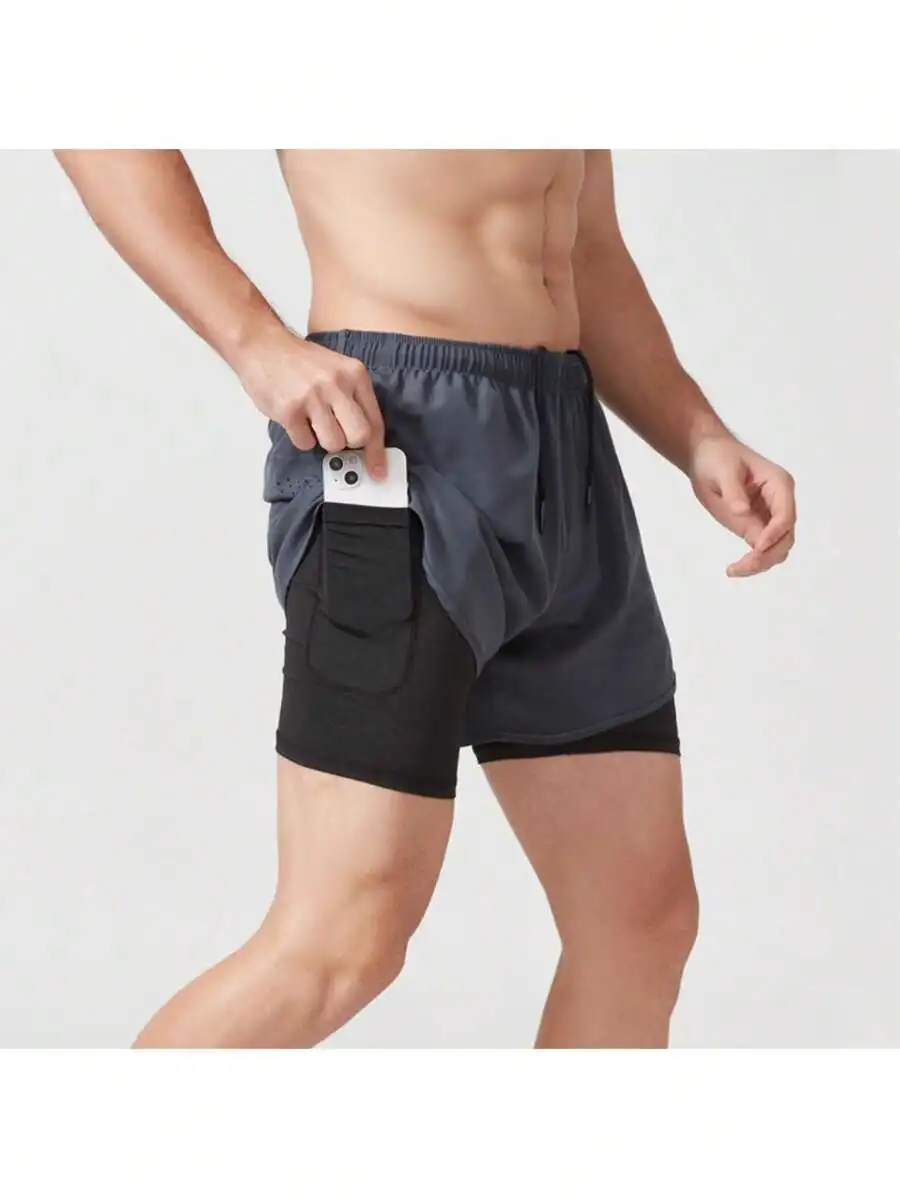 Mens 2 In 1 Running Shorts Quick Dry Gym Athletic Workout Clothes With Side Pockets