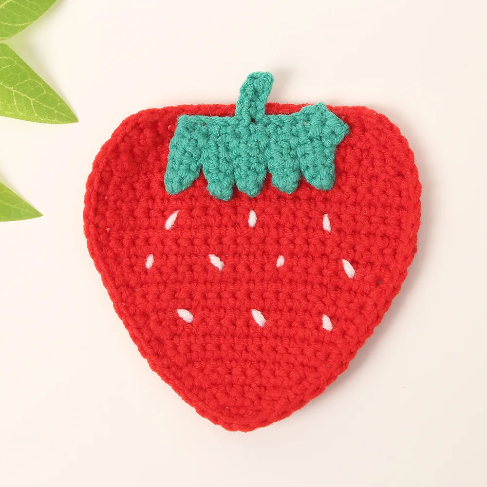 Handmade Crochet Finished Cartoon Red Strawberry Coaster Heat Insulation Anti-Slip Coffee Milk Mat, Also As Desktop Home Decor.