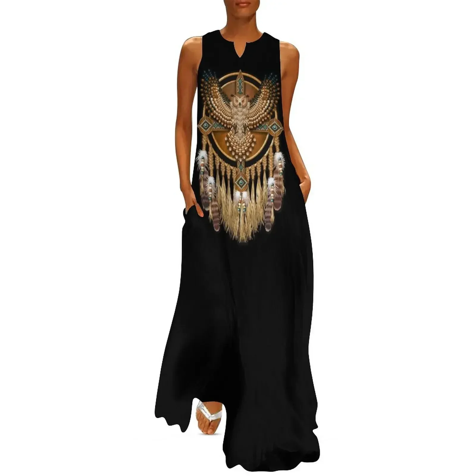 

Native American Beadwork Owl Mandala Long Dress summer dresses Long dress woman Woman's evening dress vintage