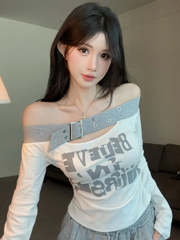 

Summer New Women's Long Sleeve T-Shirt Drawstring Loose Casual Wide Leg Pants Set Design Sense One Shoulder Letter Print Fashion