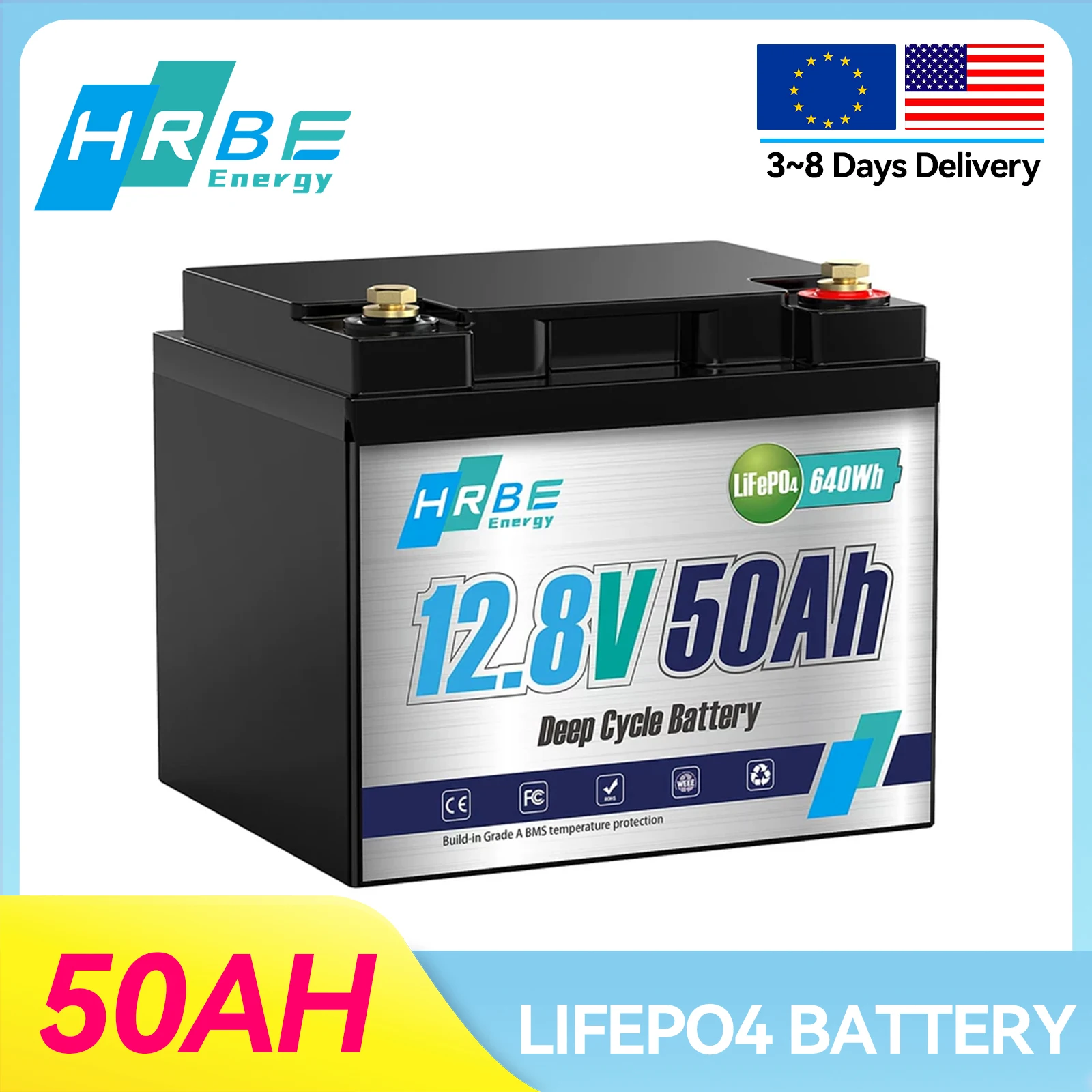 

Литиевая батарея HRBEEnergy 12В 50Ач LiFePO4, перезаряжаемая аккумуляторная батарея с ресурсом 4000+ глубоких циклов для домашнего хранения, кемпинга на открытом воздухе, со встроенной BMS