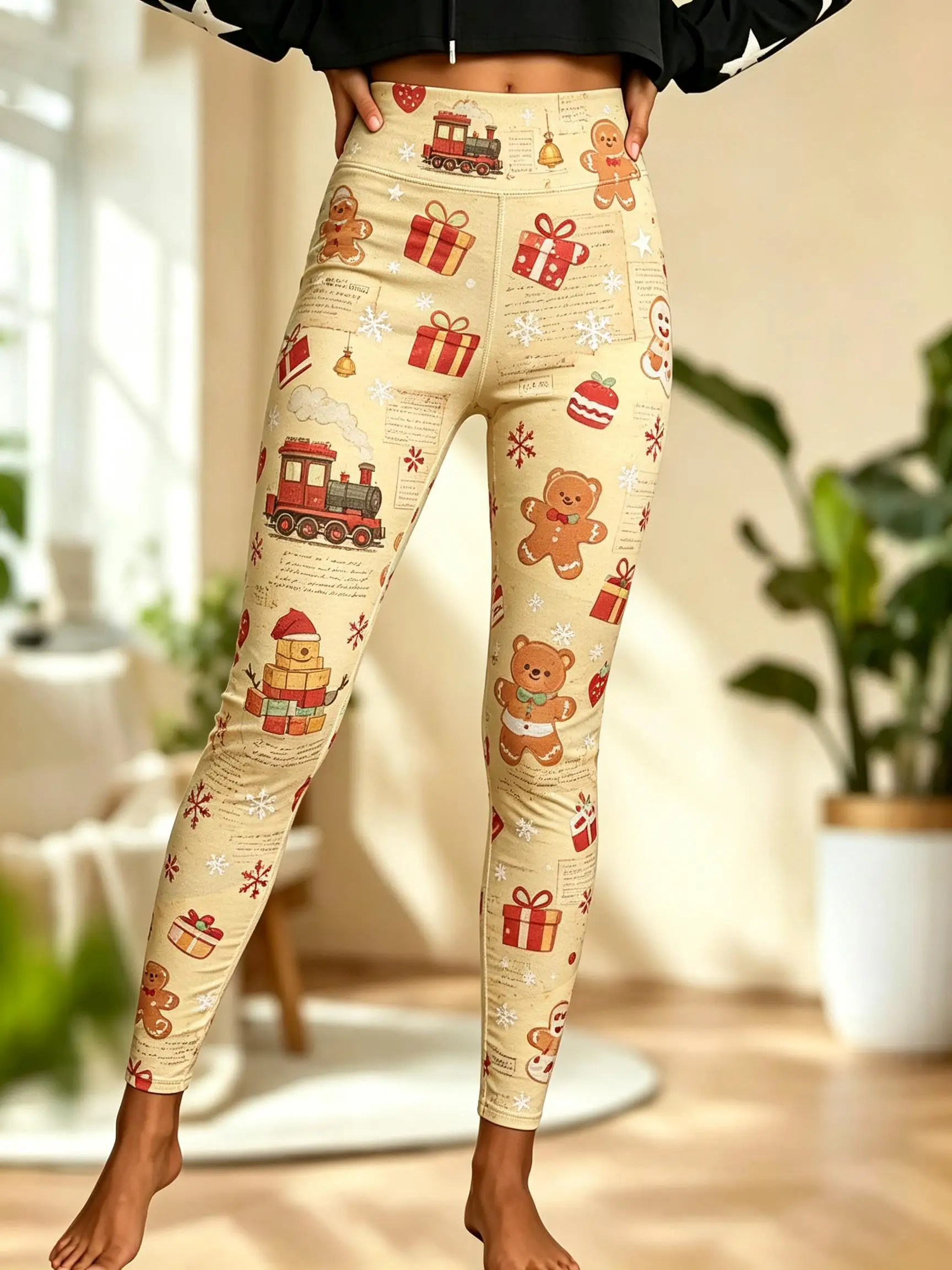 Women Fleece‑Lined Mid‑Rise Leggings Christmas Gingerbread Man Train Gift Box Print Slim Warm Pants - view 5