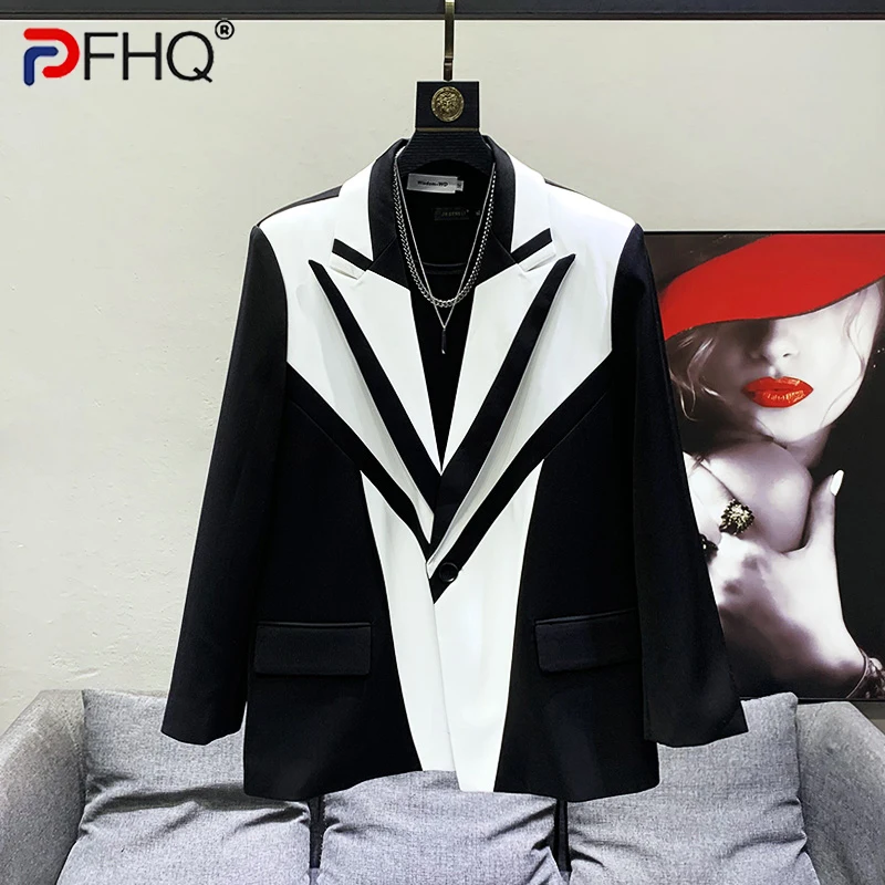 PFHQ Stylish Color Contrast Original Design Men\'s Casual Suit Coat High Quality Street Elegant Luxury 2023 Trendy Jacket Spring