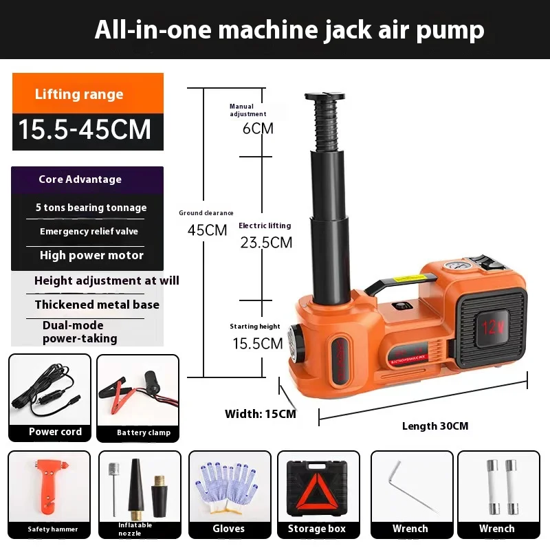 12V 5Ton Electric Car Hydraulic Jack with Tire Inflator Pump and LED Flashlight 3 in 1 Lift jacks With Safe Hammer Tools For Car