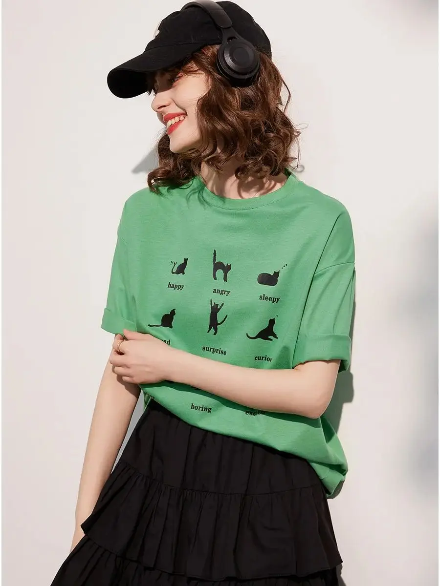 LOUSI YAO Women T-shirt 2024 Summer Tee Print Cat Round Neck Short Sleeve Casual Pullover Loose Fit 100% Cotton Top