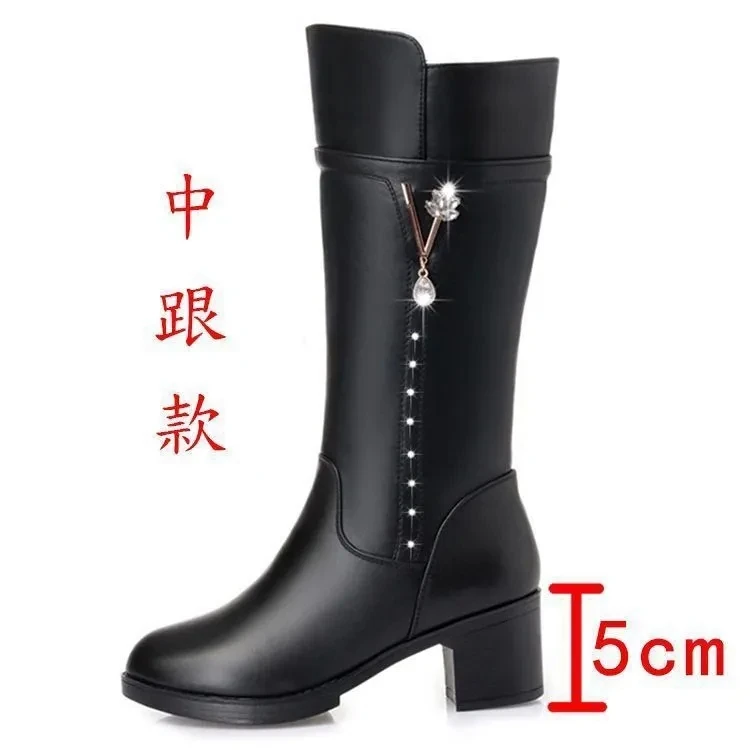 Women\'s Winter Boots 2022 New Genuine Leather Female Boots Size 41 Warm High-heeled Wool Boots Women Trend Riding Boots Women