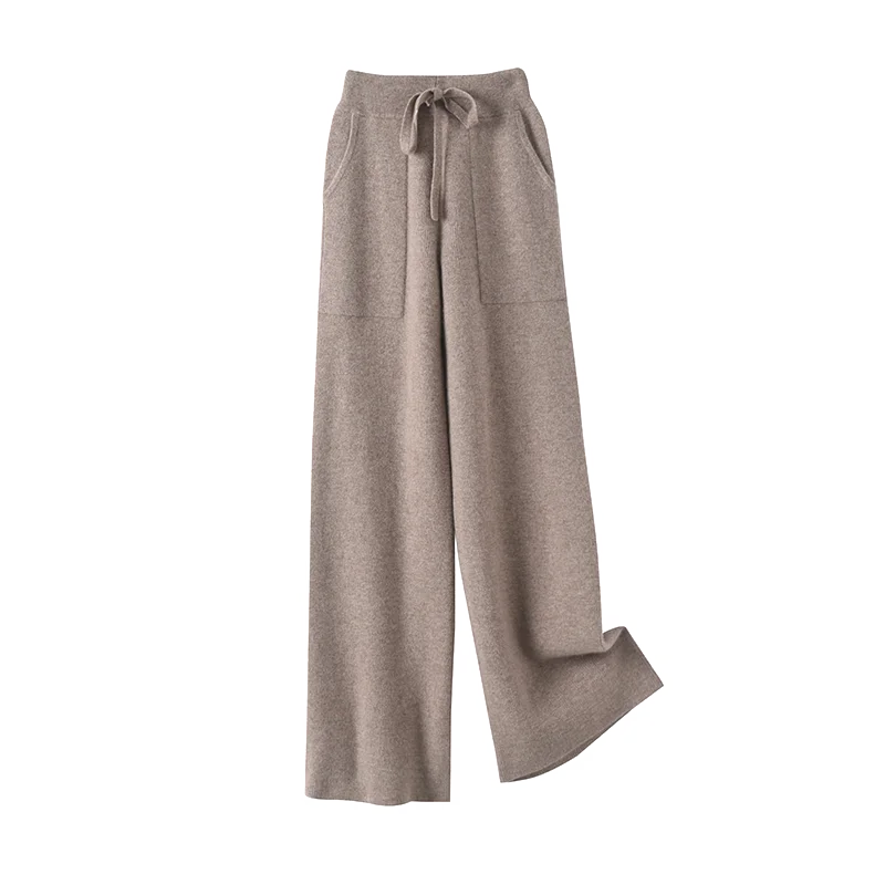 New Women's Wool Wide Leg Pants Autumn Winter 100% Merino Wool Knitted Trousers Soft Cosy Office Lady Pocket Casual Style Pants