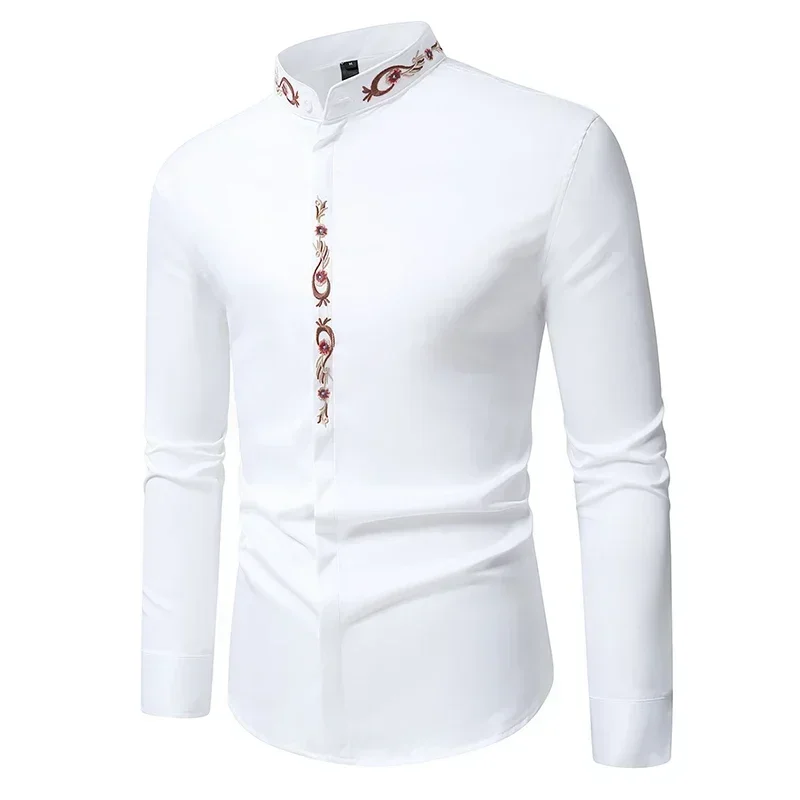 Men's Fashion Stand Collar Embroidered Shirt Solid Color Long Sleeve Buttons Slim Fit Business Casual England Style Shirts Man