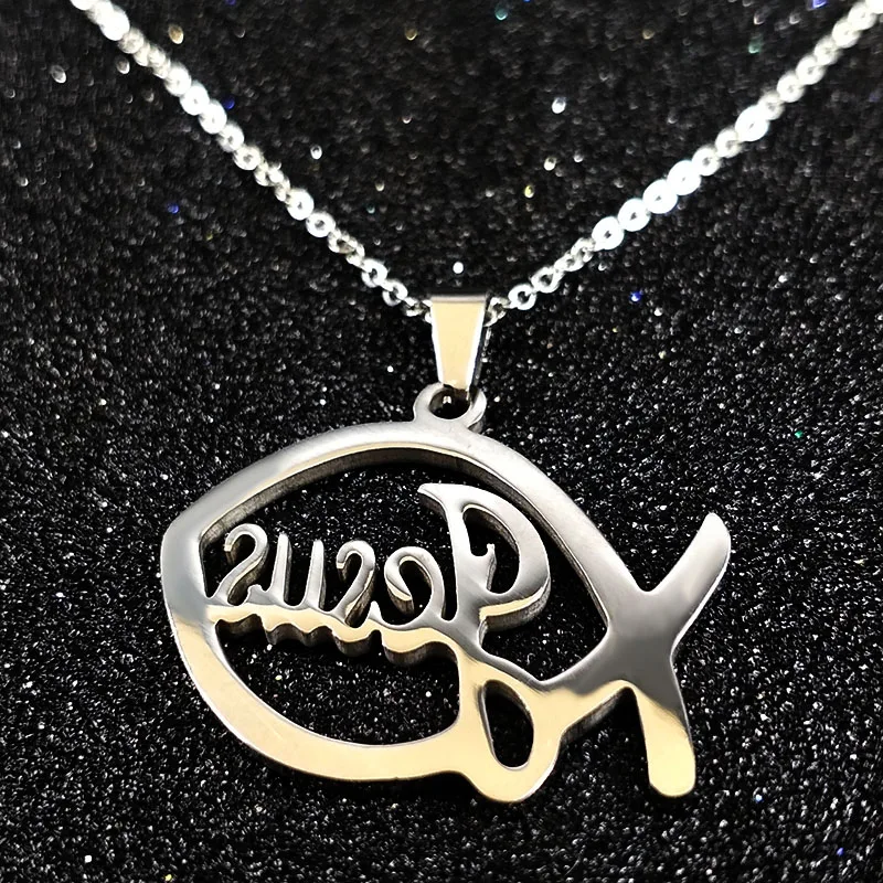 Stainless Steel Jesus Christ Male Necklaces Fish Christian Ichthys Fish Pendant Necklaces Jewelry Women or Men collares N17168B