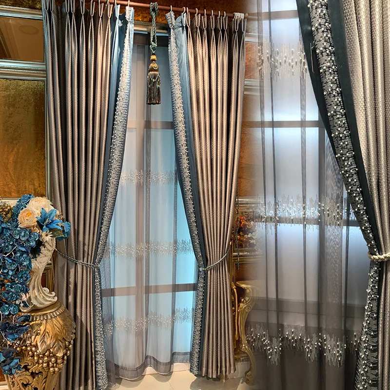 Grauer Luxuriöser Vorhang im Europäischen Stil Einfach Modern für Wohnzimmer Schlafzimmer Balkon Stoffvorhang Gaze Erkerfenster Bodenlanger Eleganter Dekor