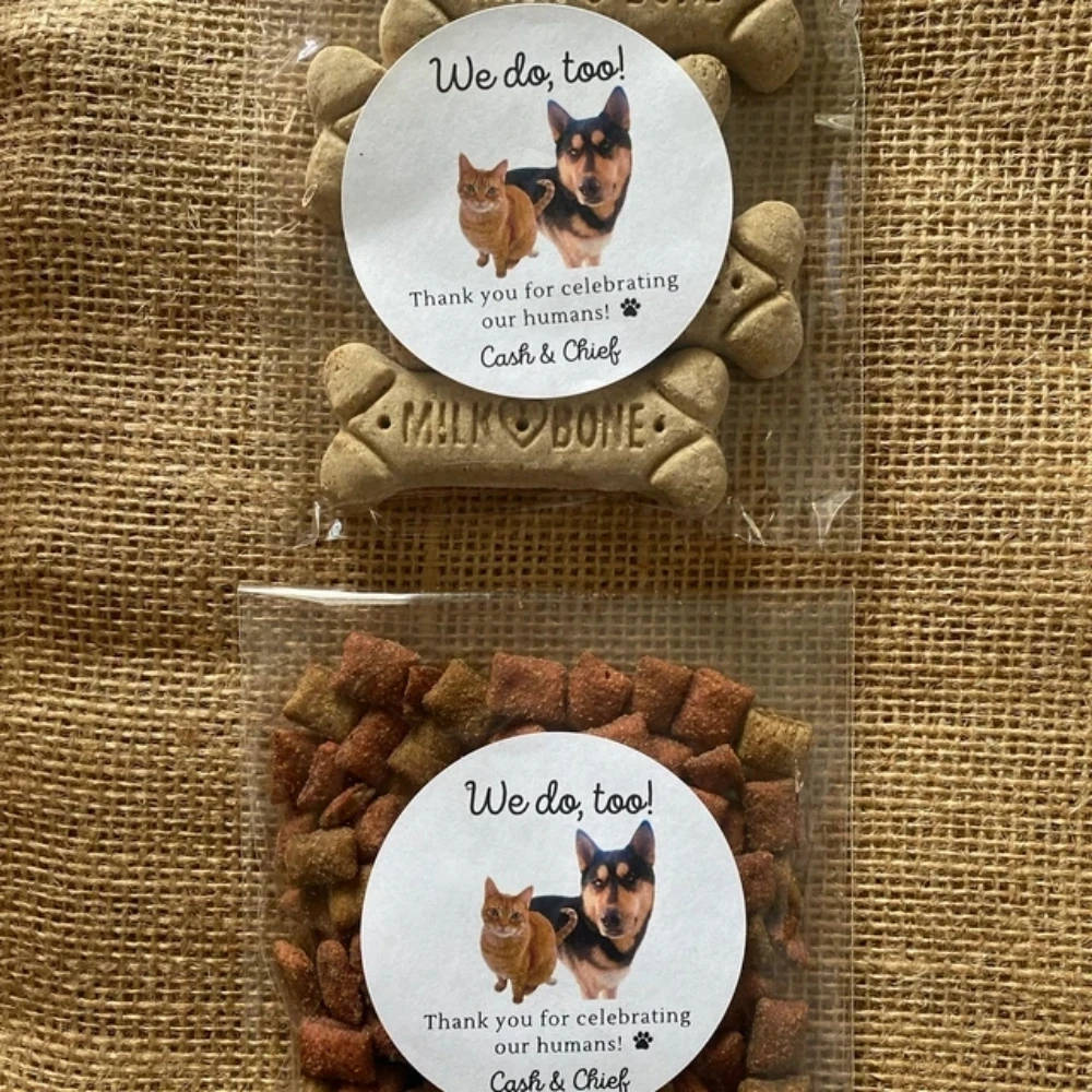 Personalized Wedding Stickers and Treat Bags, Doggie Goodie Bag, Pet Photo Favor, Custom Text, 50Pcs