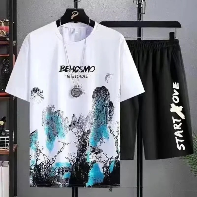 Terno casual masculino com gola redonda, corante fino de gravata, manga curta, estilo chinês, pintura de paisagem, roupas masculinas, primavera e verão, 2024