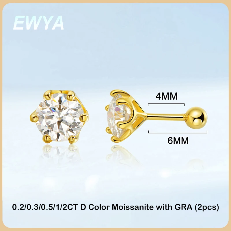 

EWYA 0.2/0.5/2ct D Color Moissanite Screw Stud Earrings for Women Men Silver 925 Plated 18K Pass Diamond Test 6 Prong Earring