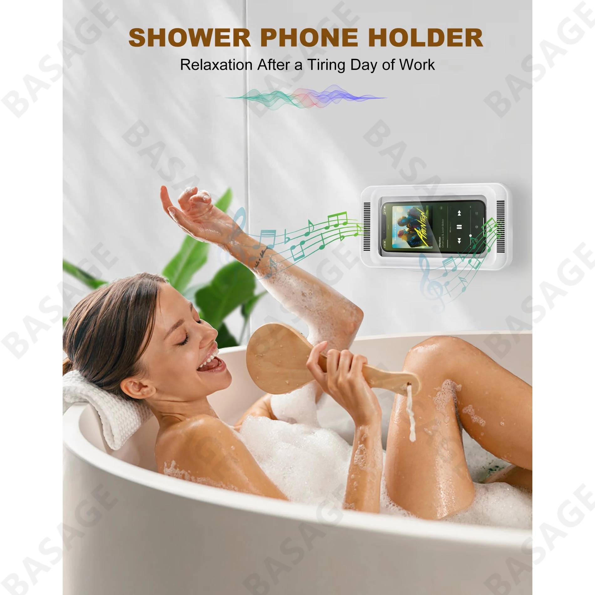 Shower Phone Holder with Speaker - 480° Rotation, Wall Phone Mount for Shower, Waterproof Anti Fog Shower Case for 4-7\