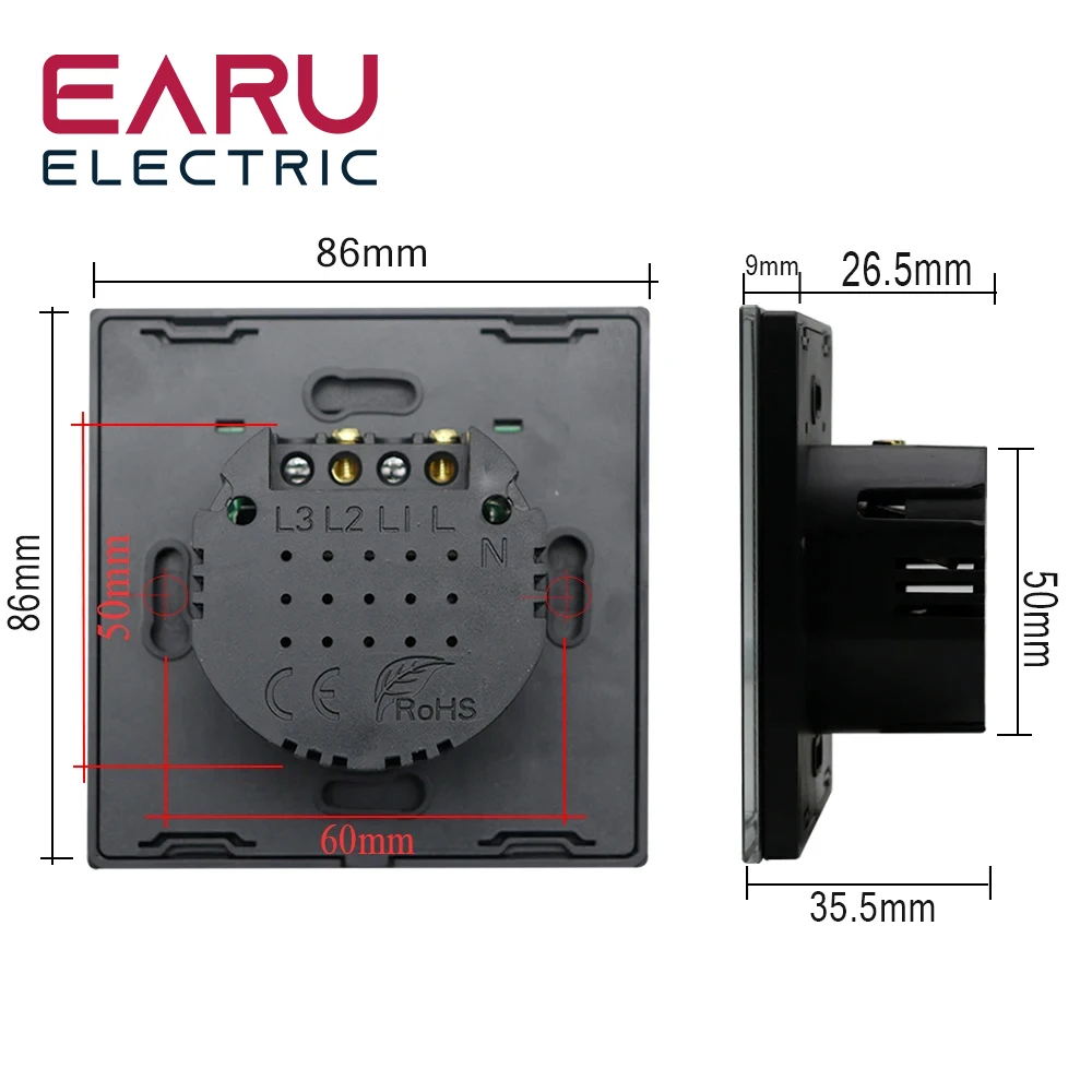 ガラスパネルLEDウォールライト,EU規格,1/2/3入力,AC 100-240V, 10A,白,黒,灰色,金色