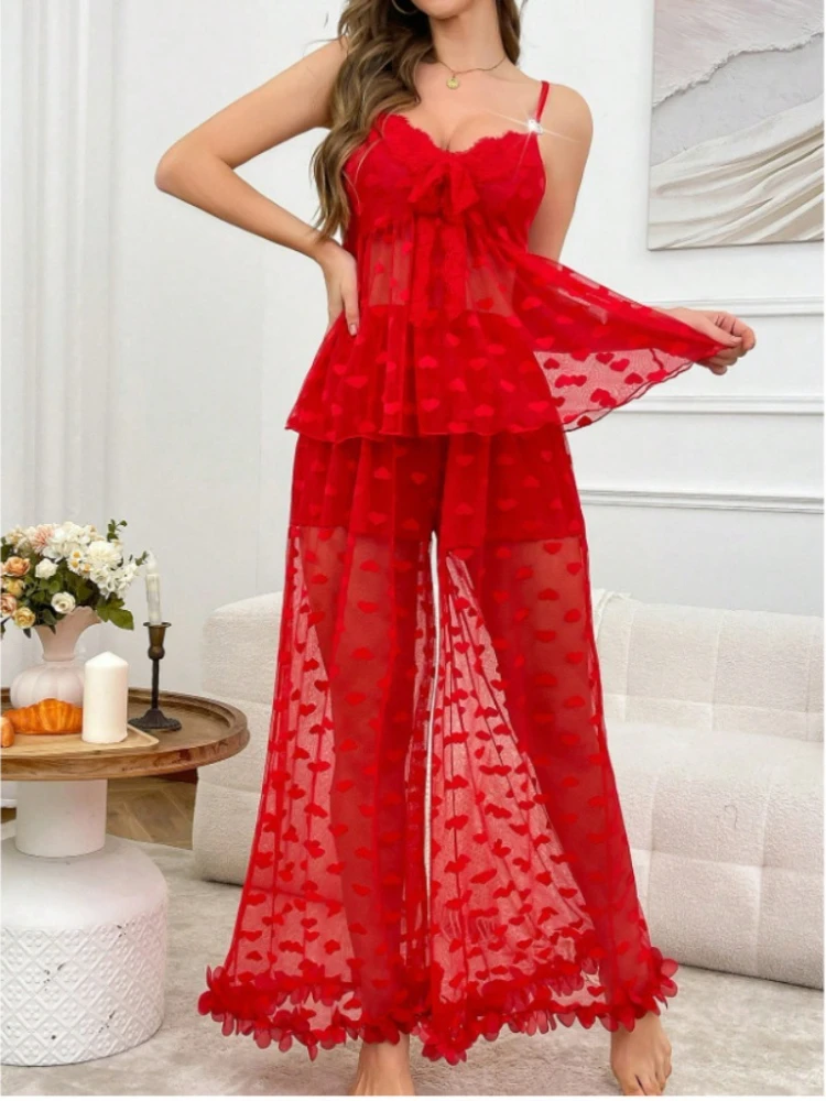 مثير السيدات بيجامة مجموعة 2 قطعة الدانتيل القلب شفافة Strappy الصدرية والسراويل الطويلة البتلة الدانتيل مجموعة الملابس الداخلية ملابس خاصة مثير #3