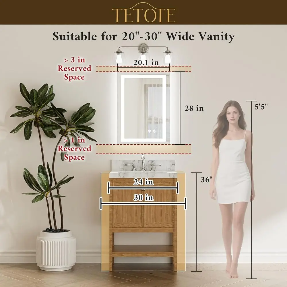 20x28 Inch LED Illuminated Bathroom Mirror, Anti-Fog, 3-Color Dimmable, Waterproof Tempered Glass Vanity Mirror