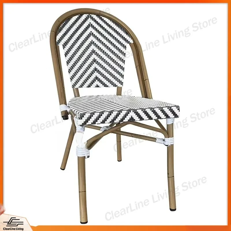 Aluminum Imitation Bamboo Outdoor French Bistro Rattan Chair Cafe Patio Garden Furniture Stackable Dining Seat Weatherproof