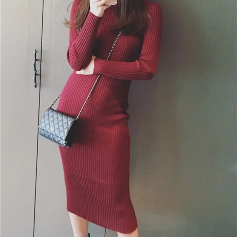 Autumn And Winter Slimming Temperament Small High Neck Knee Length Dresses With Solid Color Fashion Solid Color Long Skirts