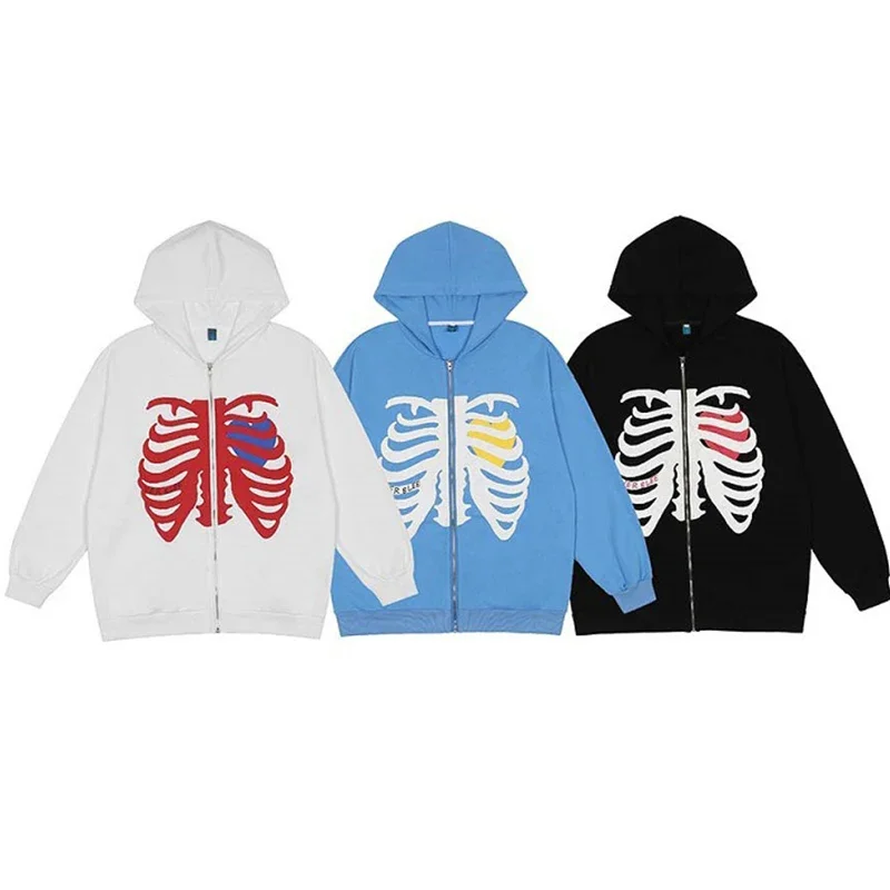 Y2K zip up hoodies for women men 2023 fashion skeleton hooded sweatshirt couple's casual Harajuku tops loose streetwear outwear