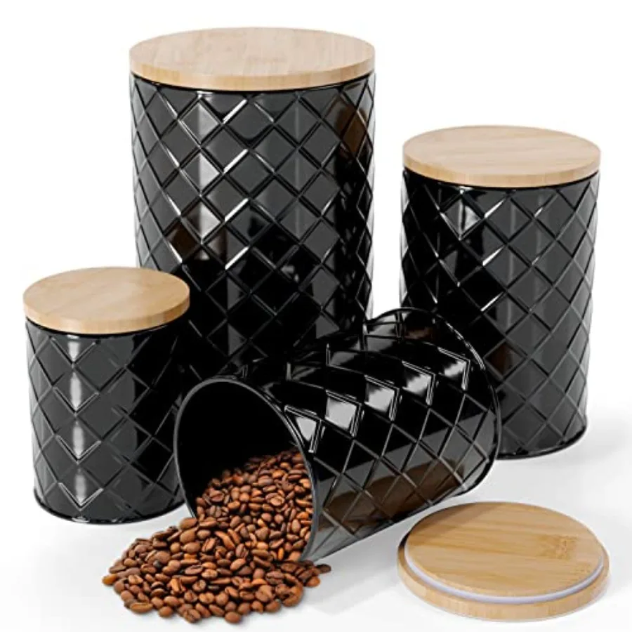 

® Metal Canister Set for the Kitchen Counter Food Canister Set of 4 Airtight Lids Sugar and Flour Containers for Countertops Co