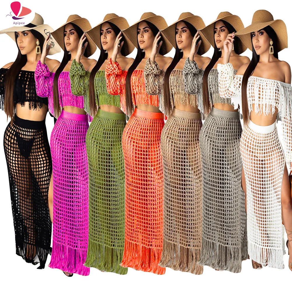 APIPEE Tassel Summer Beach Dress Women Sexy Off Shoulder Maxi Dress Long Sleeve Boho Knit Crochet Hollow Out Party Long Dress