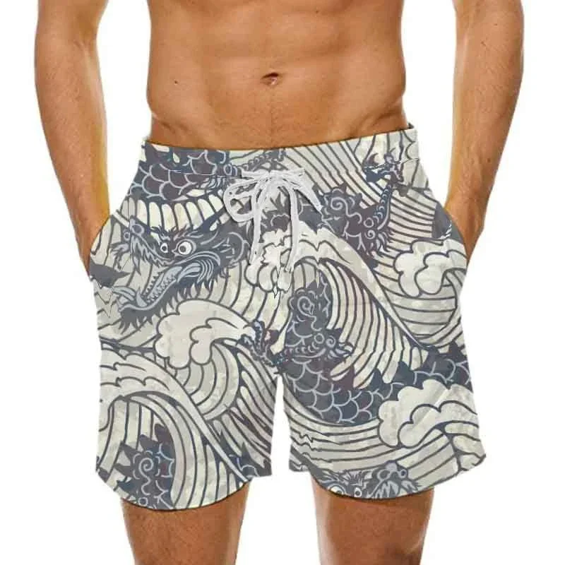 Sea Wave Graphic Beach Shorts For Men Dragon Cloud 3D Print Short Pants Summer Sports Swim Trunks Leisure Oversized Ice Shorts