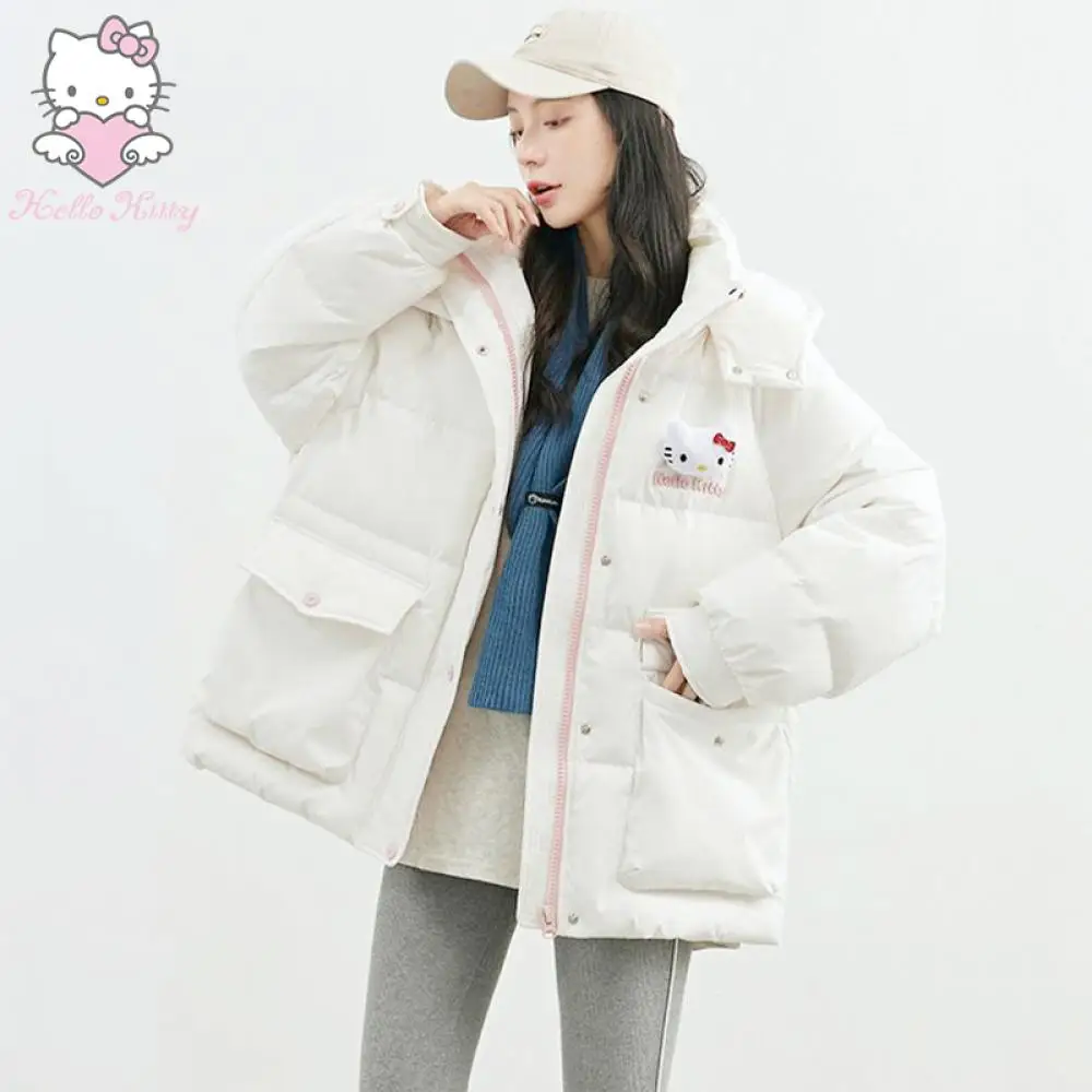 Kawaii Sanrio Hello Kitty Down Jacket Women Anime New Winter Thicken Warm Hooded Cotton Clothes Coat Student Loose Sports Trend