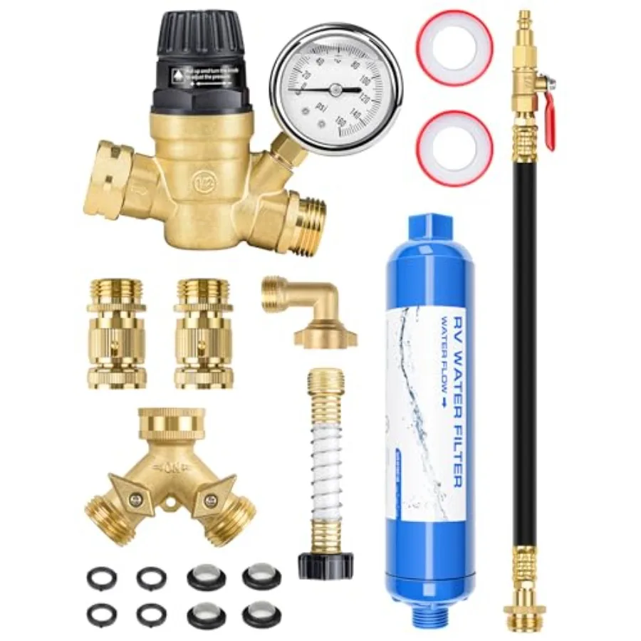 

RV Water Pressure Regulator Kit RV Fresh Water Kit All-in-One Sprinkler Blowout Adapter Inline Water Filter Hose Splitter Brass