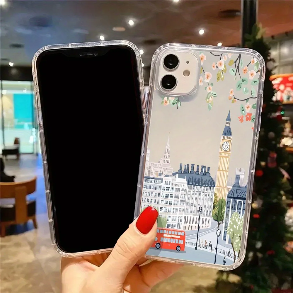 Affascinante paesaggio urbano di Londra con fiori rosa Custodia trasparente per iPhone 17 16 15 14 13 12 11 Pro Max XS XR 7 8 Plus