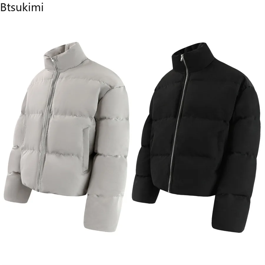 2025 Men's Winter Fashion Cotton Padded Coat Winter Cropped Stand Collar Puffer Jackets Long Sleeve Thick Warm Overcoats for Men