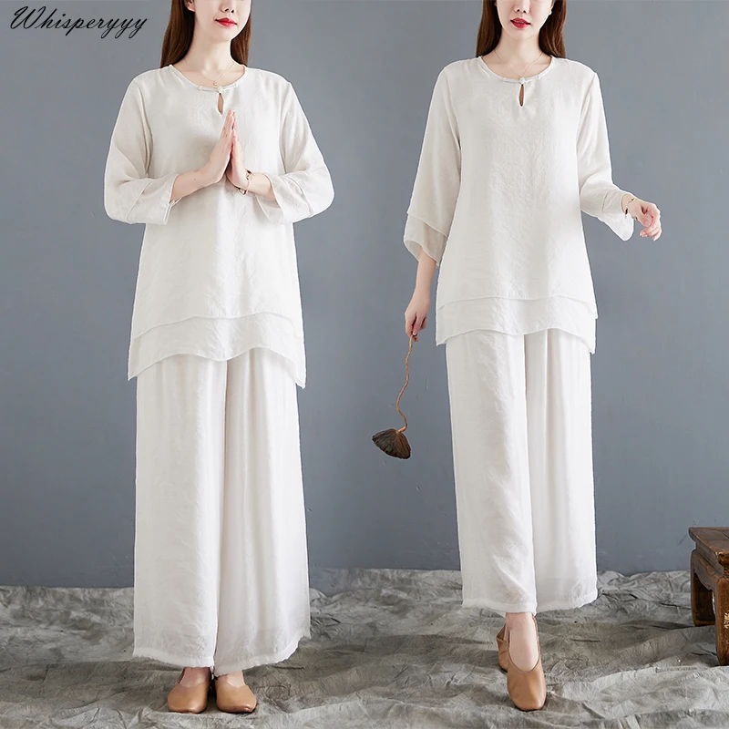 

Chinese Tang Suit Women Cotton Hemp Yoga Dress Meditation Practitioner National Style 2-piece Set Vintage Solid Color Set Female