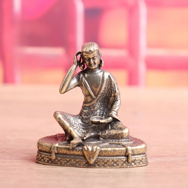 Mini Brass Milarepa Figurine, Vintage Tibetan Style Statue, Meditation Sculpture Desktop Tea Pet Home Decor Ornament