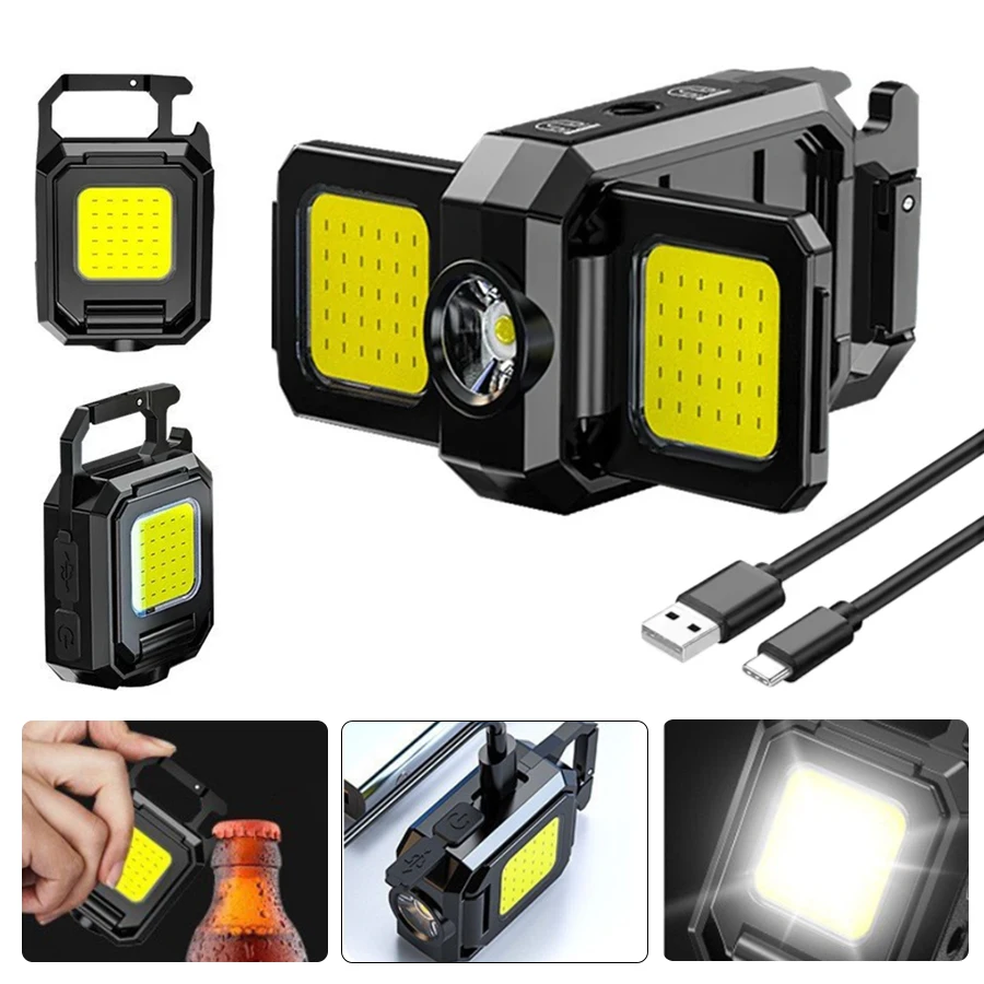 

Rechargeable Keychain Flashlight 500mAh Mini COB Work Light Foldable 3 Side Light Portable Lanterns Outdoor Camping Emergency