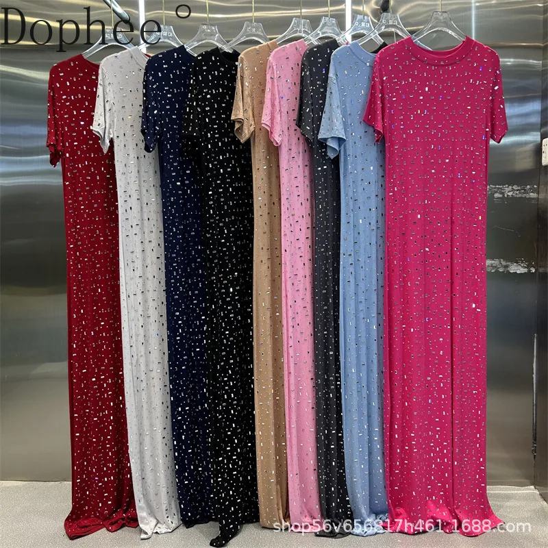 

Blingbling Full Diamonds Short Sleeve Basic Dress New Spring Summer Solid Color Ultra Long Dress O-neck Slim Women Cotton Tops