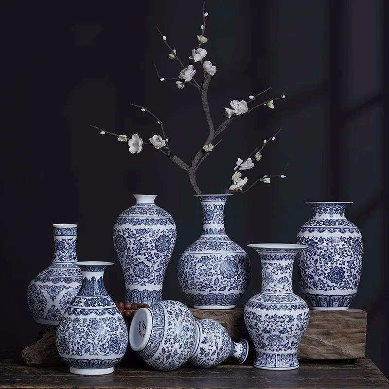 Jingdezhen  Blue And Thin Ceramic Vase New Chinese Living Room Home Desktop Ornaments Vintage Flower Arrangement Decoration