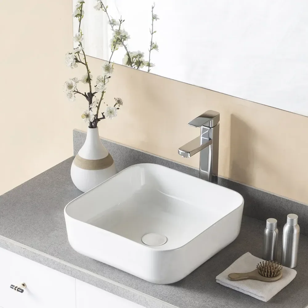 

Porcelain Square Bathroom Single Basins Vessel Sink Top-Mount Sinks In White,simple Assembly, Easy Installation, Modern Simple