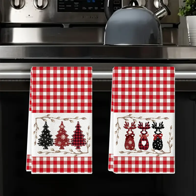 2Pcs, Red and White Checkered Christmas Tree and Reindeer Kitchen Towels, 40Cm*60Cm Towel Set, Super Absorbent Soft Cleaning Cloth, Cooking and Baking Tea Towel, Tea Towel, Hand Towel, Cleaning Cloth, Dishcloth, Kitchen Decoration, Living Room Decoration, Kitchen Essentials, Home Essentials